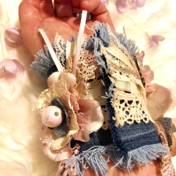 Denim Cuff Floral Pink Sabby Boho Chic Bracelet Handmade - Picture 8 of 8